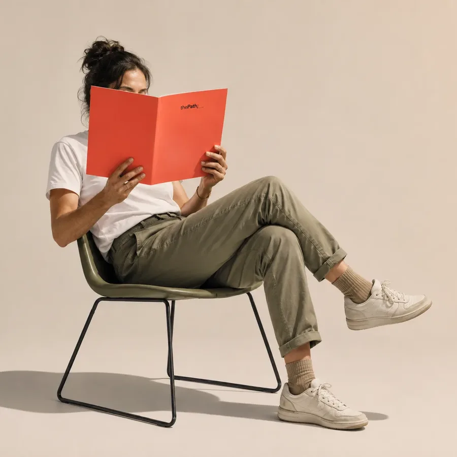 A person reading The Path, seated.