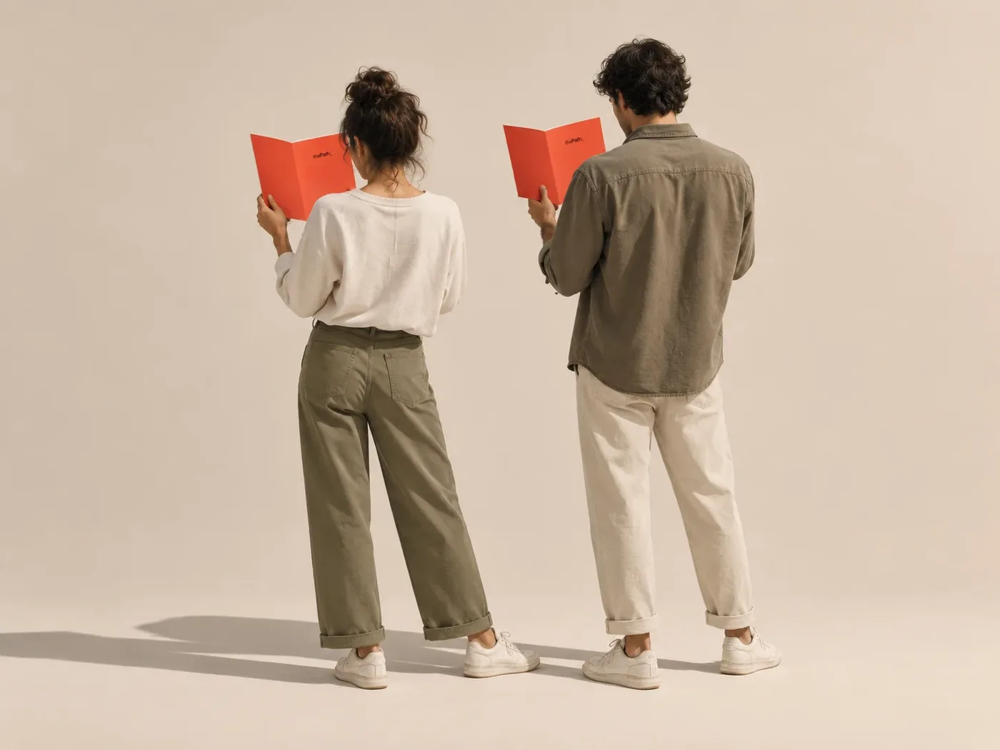 Two people standing side by side, each reading a coral thePath booklet.
